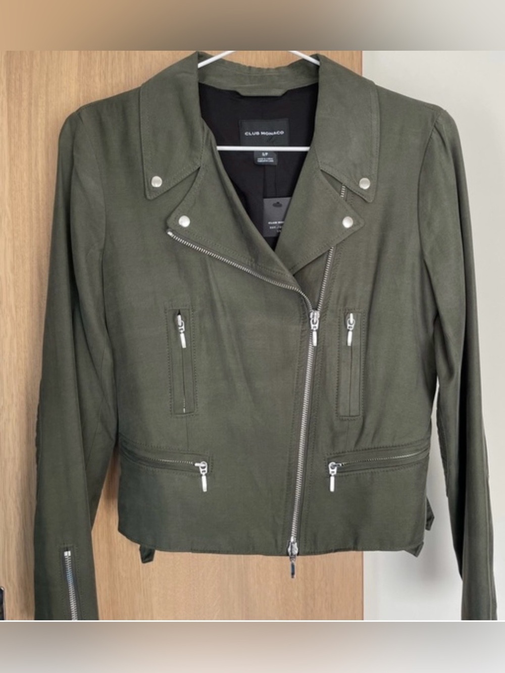 Club Monaco  Karpri Olive Green 
Moto Jacket Asymmetric Zip Biker
Coat  Sz S EUC - Picture 3 of 13